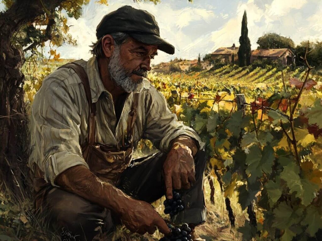 Un vigneron au milieu de ses vignes, illustrant le storytelling dans les communiqués de presse pour le secteur viticole