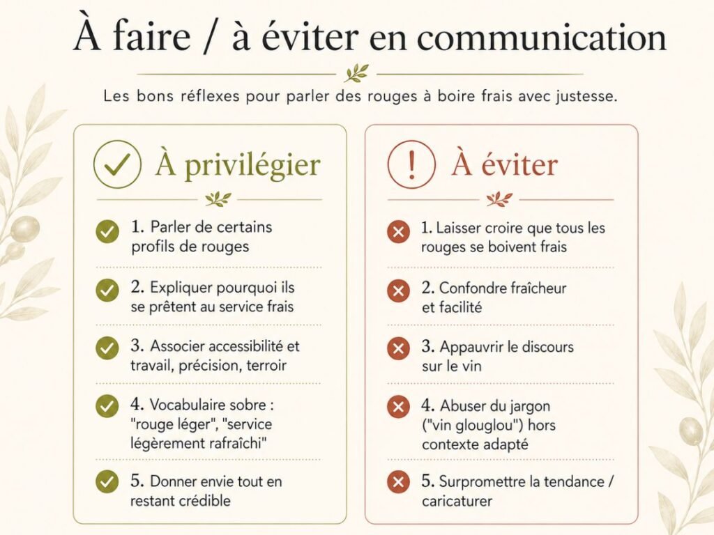 Checklist de communication sur les vins rouges servis frais, avec les bonnes pratiques à privilégier et les erreurs à éviter pour rester accessible et crédible