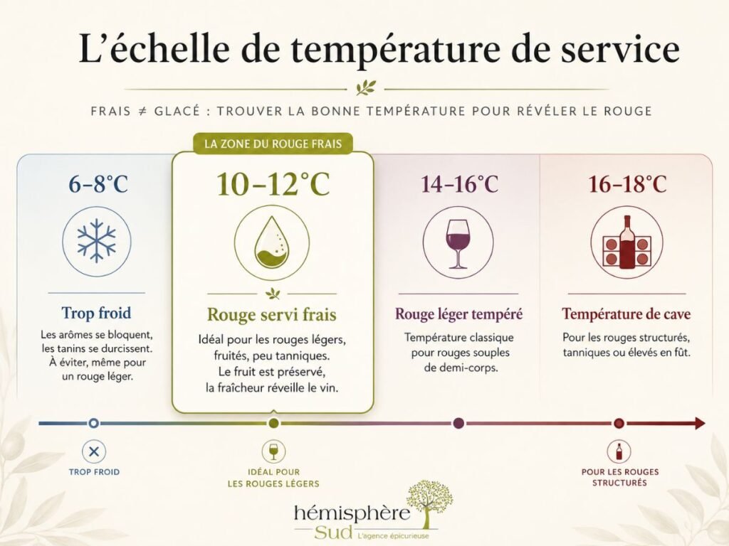 Échelle des températures de service du vin rouge, avec une zone idéale de 10 à 12 °C pour les rouges légers servis frais.